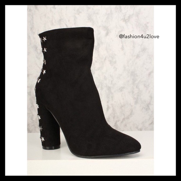 Black Star Studded Accent Chunky Heel Booties - Picture 3 of 5